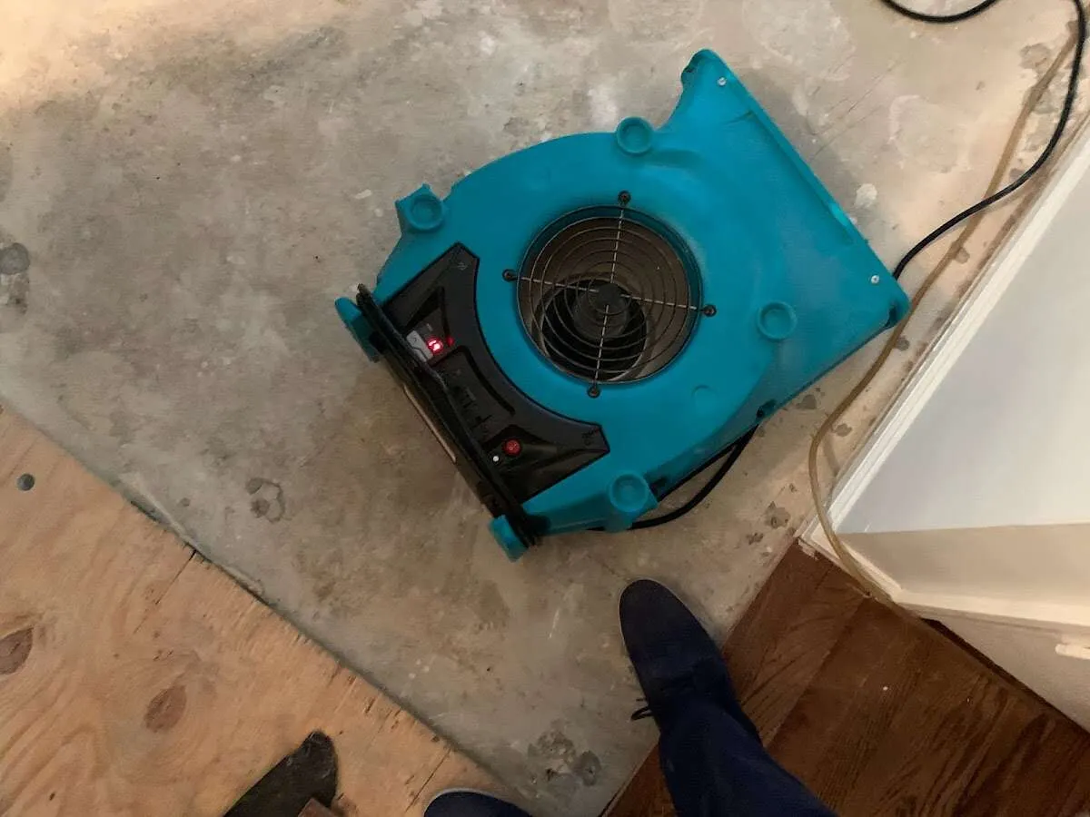 Air mover drying subfloor during Commercial Water Damage Restoration in Erwin